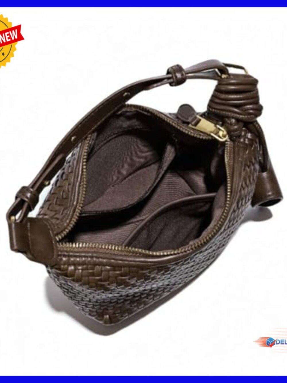 Handwoven Leather Hobo Crossbody Bag, Adjustable Strap, Zippered Compartment - Picture 5 of 6
